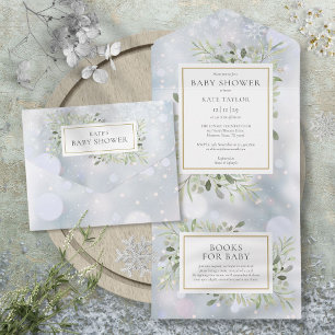 Winter Snowflakes Grünpflanzen Foliage Babydusche All In One Einladung