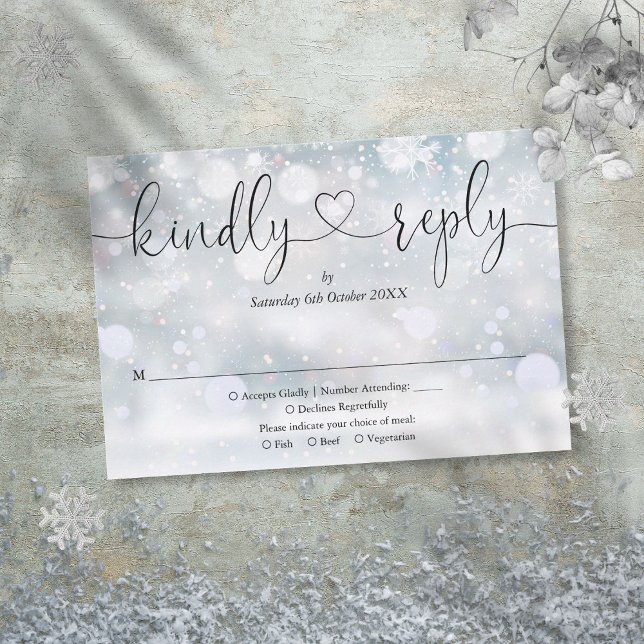 Winter Snowflakes Script Herzlich Willkommen Antwo RSVP Karte (Winter Snowflakes Script Heart Kindly Reply RSVP Card)