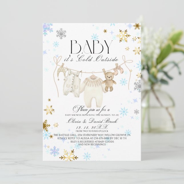 Winter Snowflakes Silver and Gold  Baby Shower  Einladung (Stehend Vorderseite)