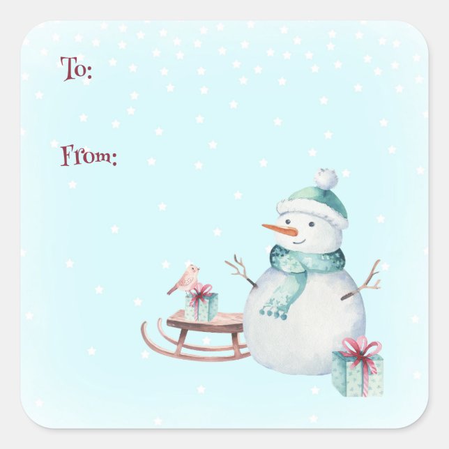 Winter Snowman Christmas To From Customizable  Quadratischer Aufkleber (Vorderseite)
