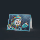 Winter Snowman Füttre Chickadee Bird Wasserfarbe K Karte<br><div class="desc">"Seeds for Little Chickadee" Die Watercolor Art Grußkarte des Künstlers Jean Weiner "Seeds For Little Chickadee" zeigt einen süßen, schwarz gekappten Chickadevogel, der auf einer Schneemannsmitten steht. Dieser liebliche kleine Vogel ist bereit, die Sonnenblumenkerne zu essen, die dieser Schneemann hält. Der Vogel und der Schneemann scheinen einen freundlichen Gruß miteinander...</div>