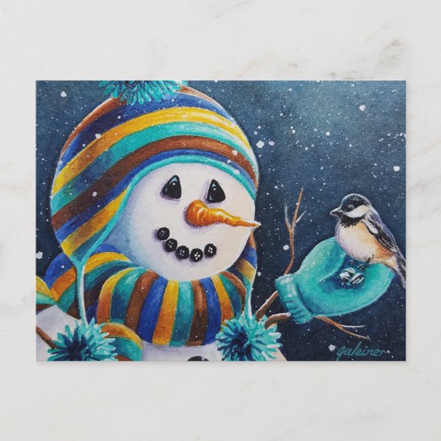 Winter Snowman Füttre Chickadee Bird Wasserfarbe K Postkarte (Vorderseite)