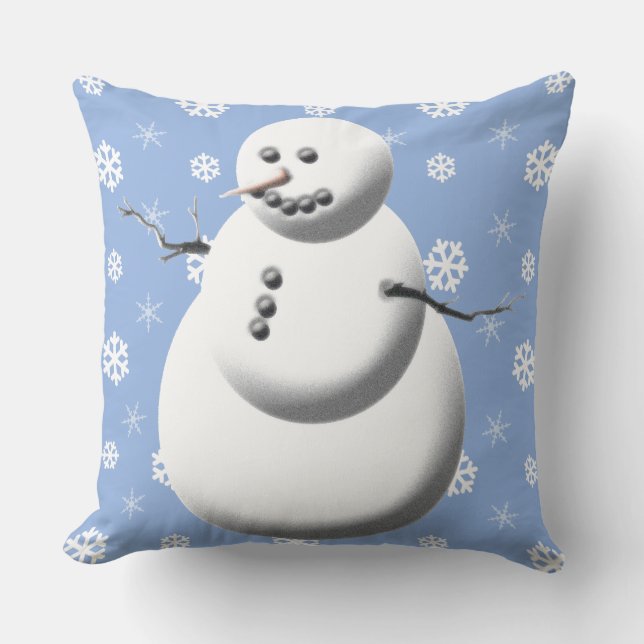 Winter Snowman Light Blue und White Holiday Kissen (Vorderseite)