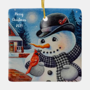 Winter Snowman & Red Kardinal Bird Wasserfarbener  Keramikornament