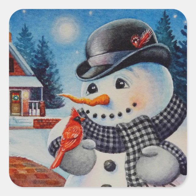 Winter Snowman & Red Kardinal Bird Wasserfarbener  Quadratischer Aufkleber (Vorderseite)