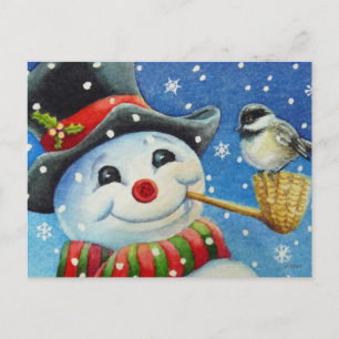 Winter Snowman und Chickadee Bird Wassercolor Art Postkarte