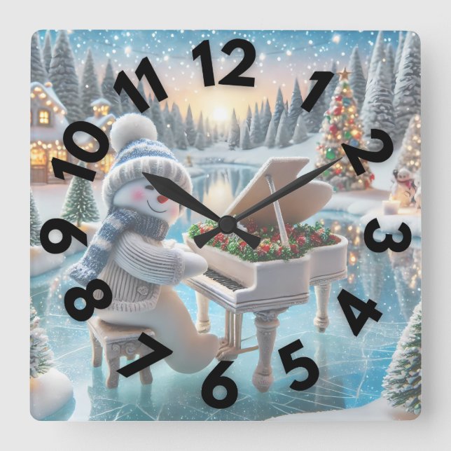 Winter Snowman Wall Clock 10 " Quadratische Wanduhr (Vorderseite)