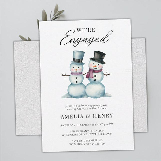 Winter Snowmen Funny Niedliche Engagement Party Einladung (funny casual engagement party snowman winter cute humor watercolor snow in love were engaged)