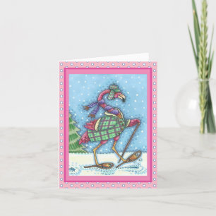 WINTER SNOWSHOES PINK FLAMINGO GREETING CARD Verse Feiertagskarte