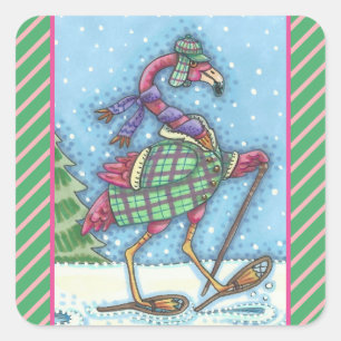 WINTER SNOWSHOUES PINK FLAMINGO STICKERS Sheet Squ