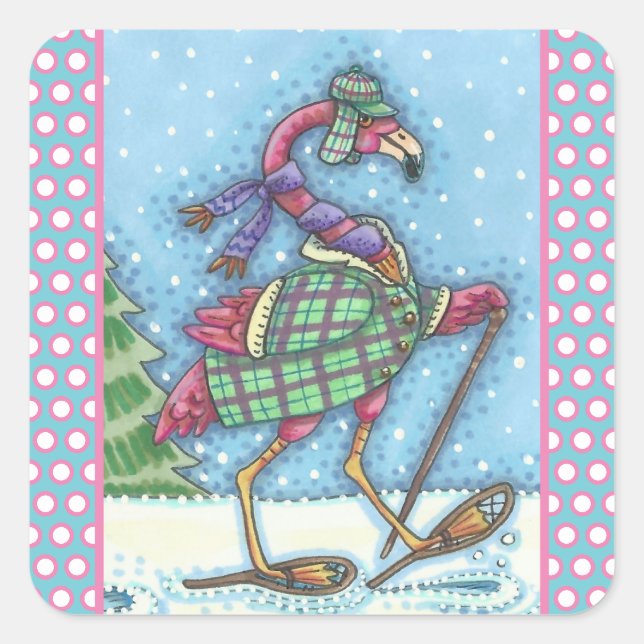 WINTER SNOWSHOUES PINK FLAMINGO STICKERS Sheet Squ (Vorderseite)