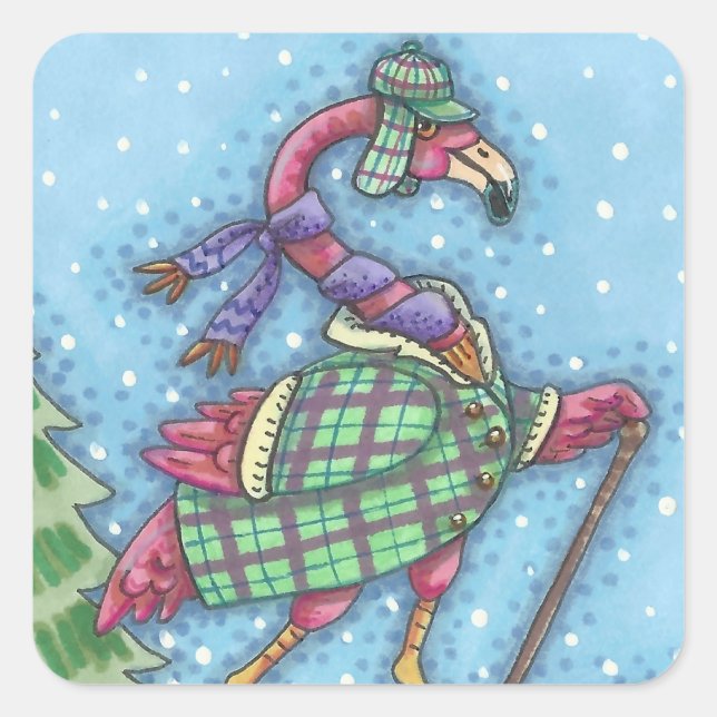 WINTER SNOWSHOUES PINK FLAMINGO STICKERS Sheet Squ (Vorderseite)