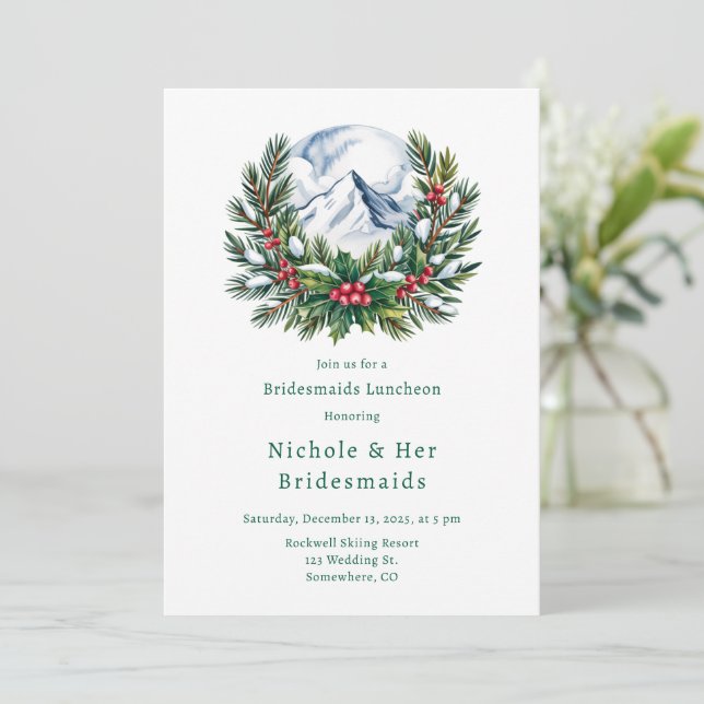 Winter Snowy Pine Wreath Bridesmaids Luncheon Einladung (Stehend Vorderseite)