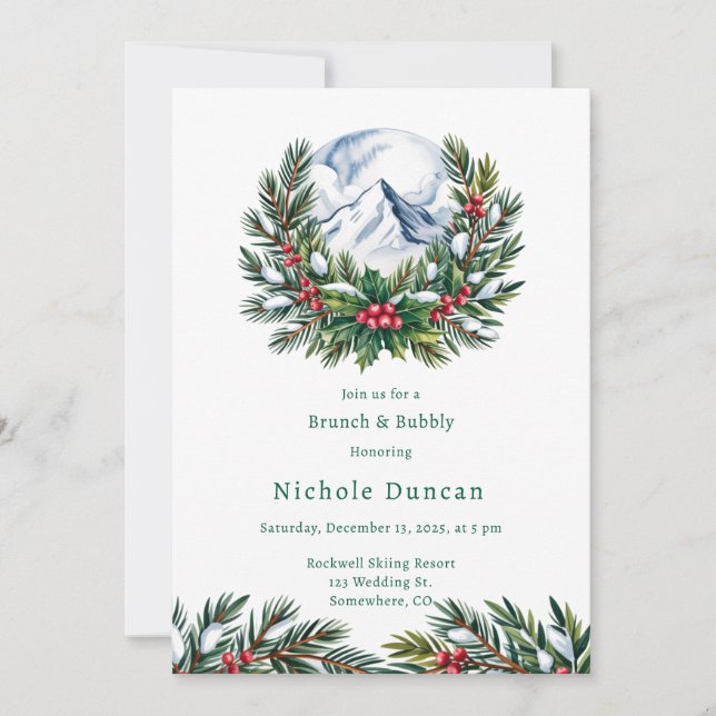 Winter Snowy Pine Wreath Brunch & Bubbly Einladung (Vorderseite)
