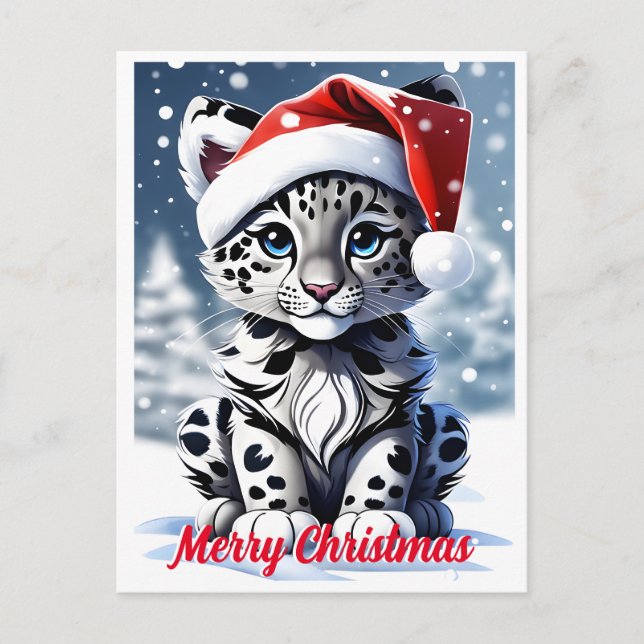 Winter Snowy Santa Niedlich Snow Leopard Cub Weihn Postkarte (Vorderseite)