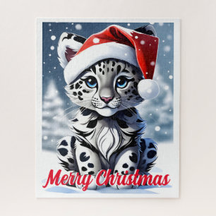 Winter Snowy Santa Niedlich Snow Leopard Cub Weihn Puzzle