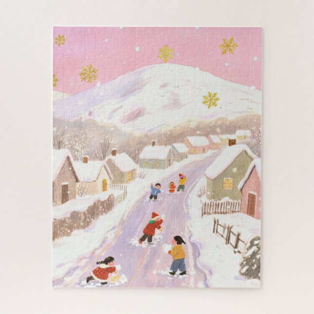 Winter snowy village, children playing, pink hues puzzle (Vertikal)