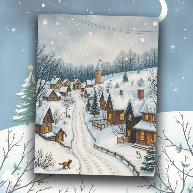 Winter Snowy Village Szene Serene Friedlich Town Postkarte (Snowy village scene on nostalgic Winter postcard, charming old fashioned town with peaceful street)