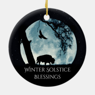 Winter Solstice Buffalo Moon und Raven Keramik Ornament