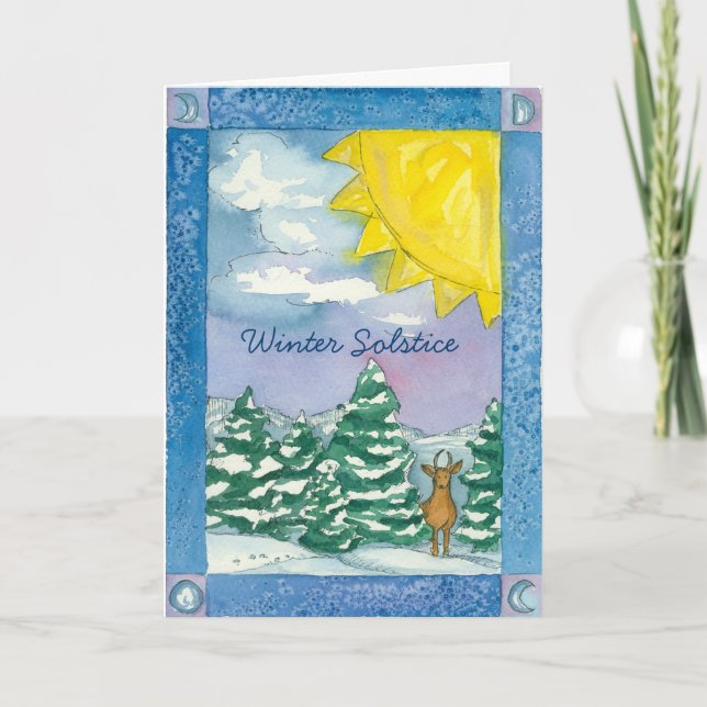 Winter Solstice Deer Snow Landscape Watercolor Feiertagskarte (Vorderseite)