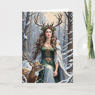 Winter Solstice Goddess & Deer im Wald Feiertagskarte