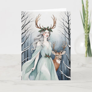 Winter Solstice Goddess & Deer im Wald Feiertagskarte