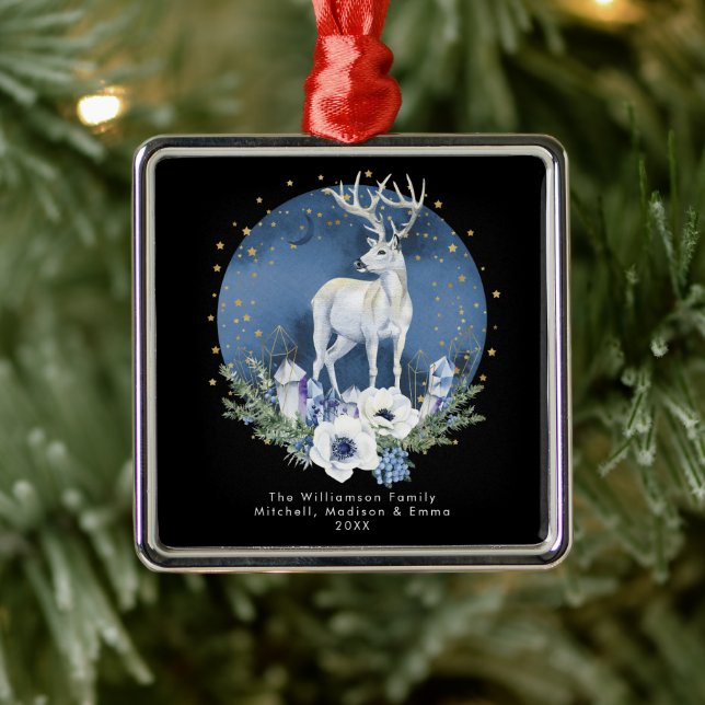 Winter Solstice Holiday Deer Blue White Christmas Ornament Aus Metall (Baum)