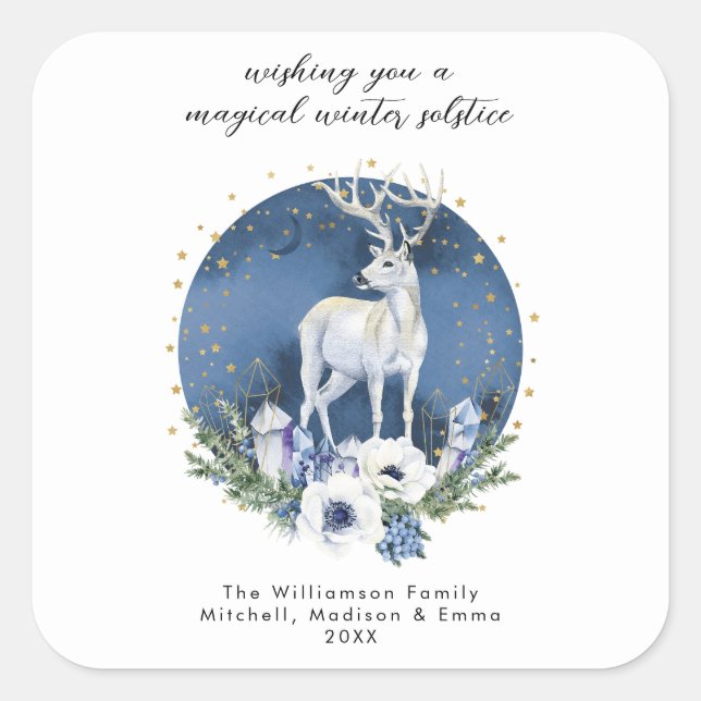 Winter Solstice Holiday Deer Blue White Christmas Quadratischer Aufkleber (Vorderseite)
