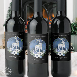 Winter Solstice Holiday Deer Blue White Christmas Weinetikett