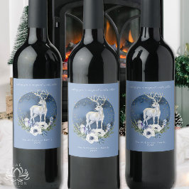 Winter Solstice Holiday Deer Blue White Christmas Weinetikett