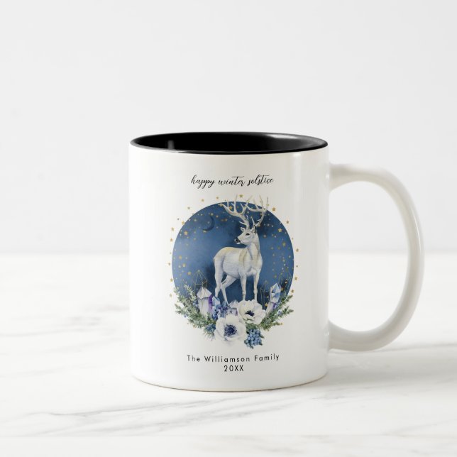 Winter Solstice Holiday Deer Blue White Christmas Zweifarbige Tasse (Rechts)