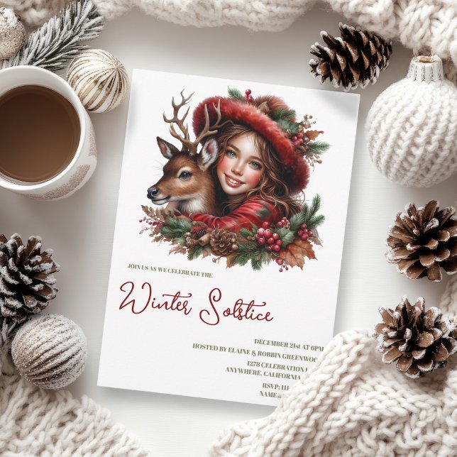 Winter Solstice Holly Girl & Deer Holiday Forest Einladung (Winter Solstice Holly Girl & Deer Holiday Forest Invitation)
