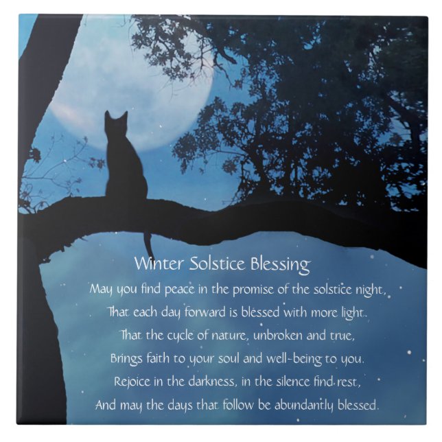 Winter Solstice Niedliche Katze in Bäumen und Mond Fliese (Vorderseite)