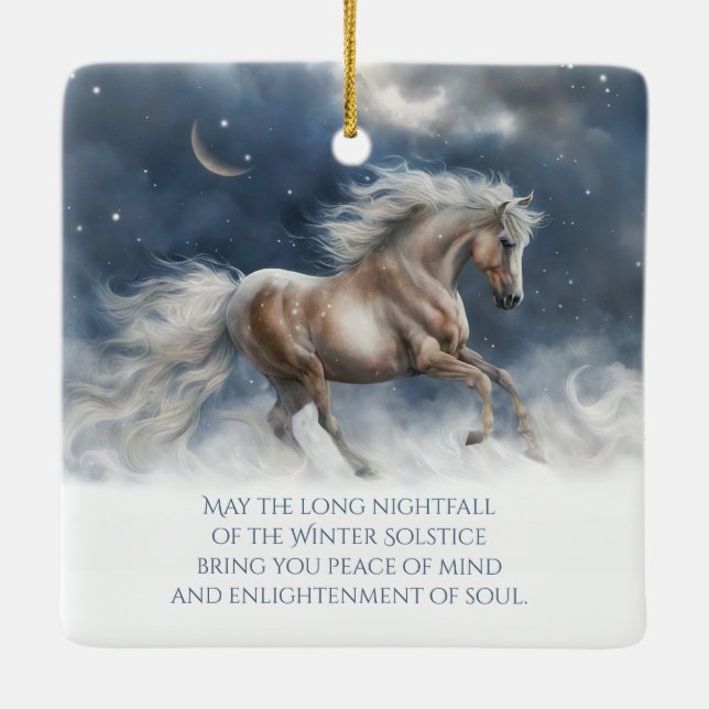 Winter Solstice Segen Pferd Schnee Crescent Mond Keramikornament (Rückseite)