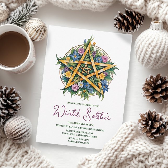 Winter Solstice Weihnachten Pentagramm Pagan Einladung (Winter Solstice Floral Yule Pentacle Pagan Invitation)