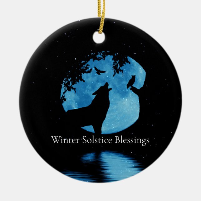 Winter Solstice Wolf Owl und Wintermond Keramik Ornament (Vorne)