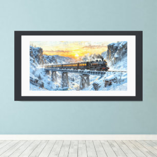 Winter-Sonnenuntergang – Dampflok auf einer schnee Leinwanddruck