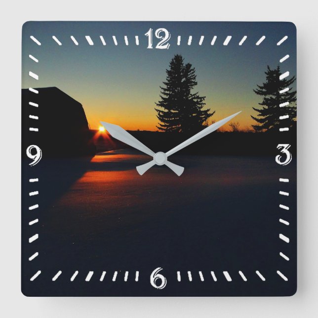 Winter-Sonnenuntergang Quadratische Wanduhr (Vorderseite)