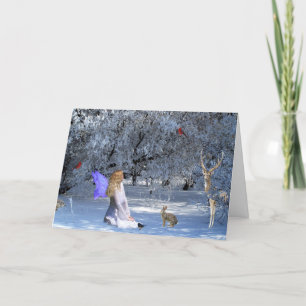 Winter-Sonnenwende-Fee mit Tieren im Schnee Feiertagskarte