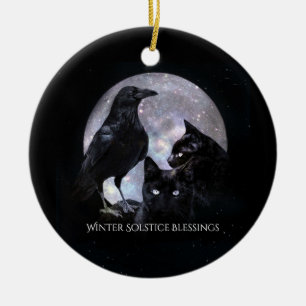 Winter-Sonnenwende-Rabe und schwarze Katzen mit Se Keramik Ornament