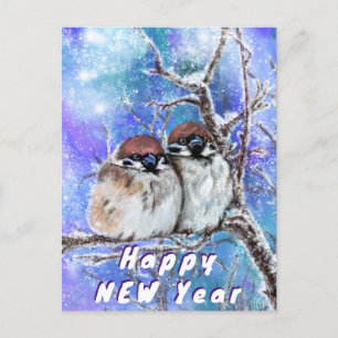 Winter Sparrows Couple Happy New Year Card Postkarte