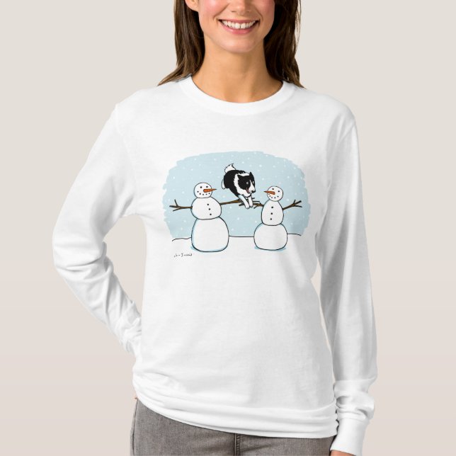 Winter-Spaß-Border-Collie-Hund mit Schneemännern T-Shirt (Vorderseite)