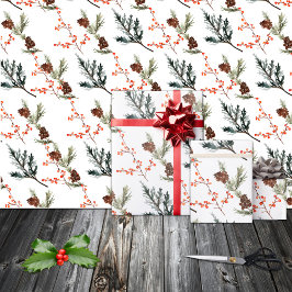 Winter Spruce Pine Branch Cones Red Ilex Berries Geschenkpapier
