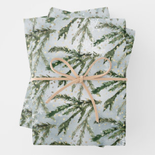 Winter Spruce Tree Branch unter Goldenem Schnee Geschenkpapier Set