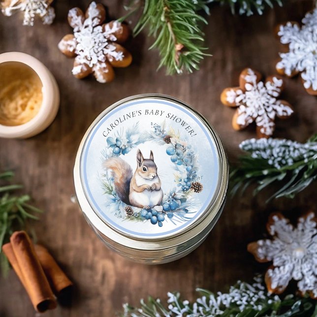 Winter Squirrel Watercolor Kinderdusche Runder Aufkleber (Winter Squirrel Watercolor Baby Shower Classic Round Sticker)