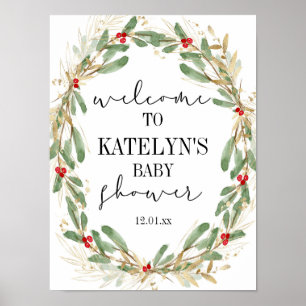 Winter-Stechpalme-Baby-Shower-Willkommensschild We Poster