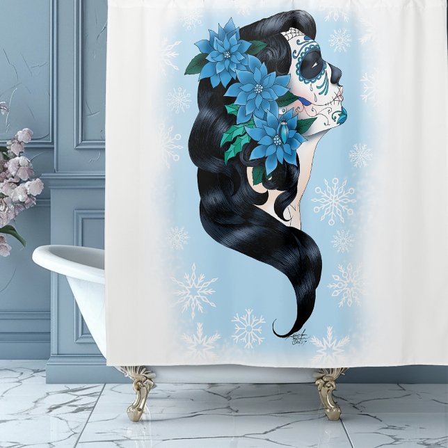 Winter Sugar Skull Blaue Schneeflocken Duschvorhang (Von Creator hochgeladen)