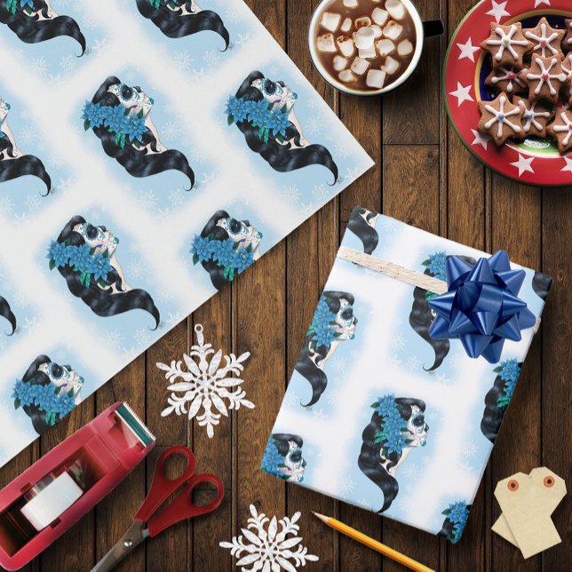 Winter Sugar Skull Blaue Schneeflocken Geschenkpapier (Von Creator hochgeladen)