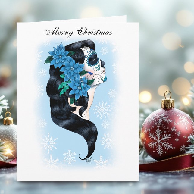 Winter Sugar Skull Blaue Schneeflocken Karte (Von Creator hochgeladen)