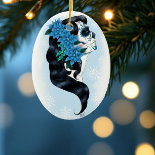 Winter Sugar Skull Blaue Schneeflocken Keramik Ornament
